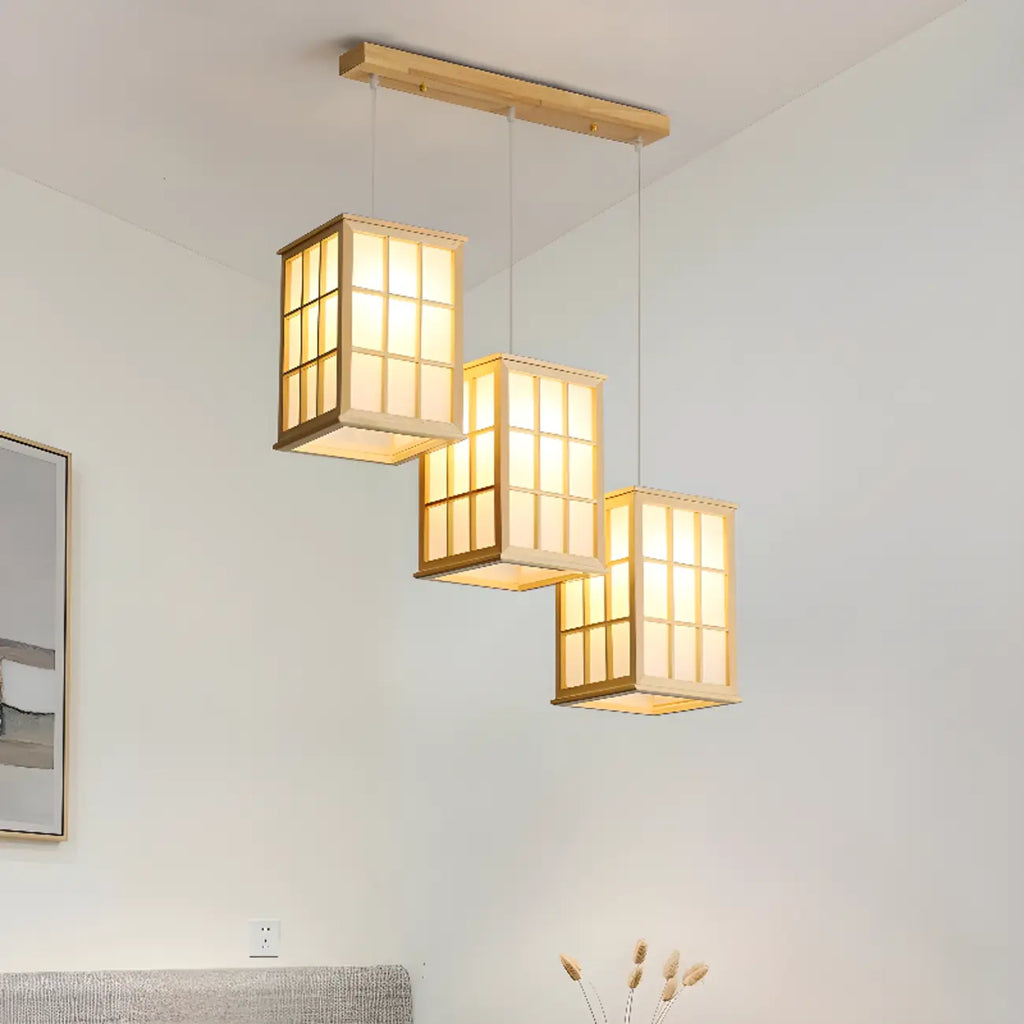 Lampadario a sospensione da isola a 3 luci in legno naturale di forma rettangolare