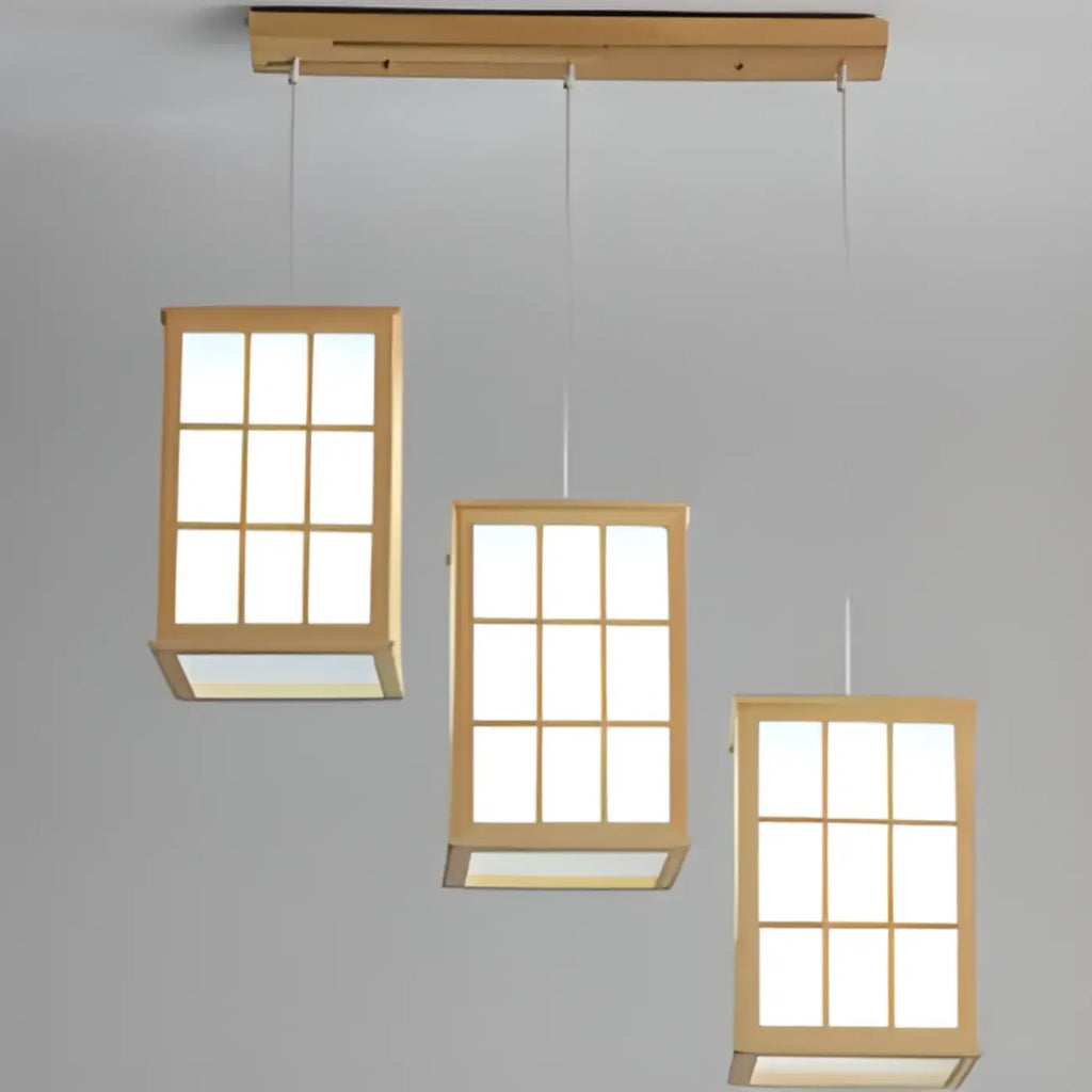 Lampadario a sospensione da isola a 3 luci in legno naturale di forma rettangolare
