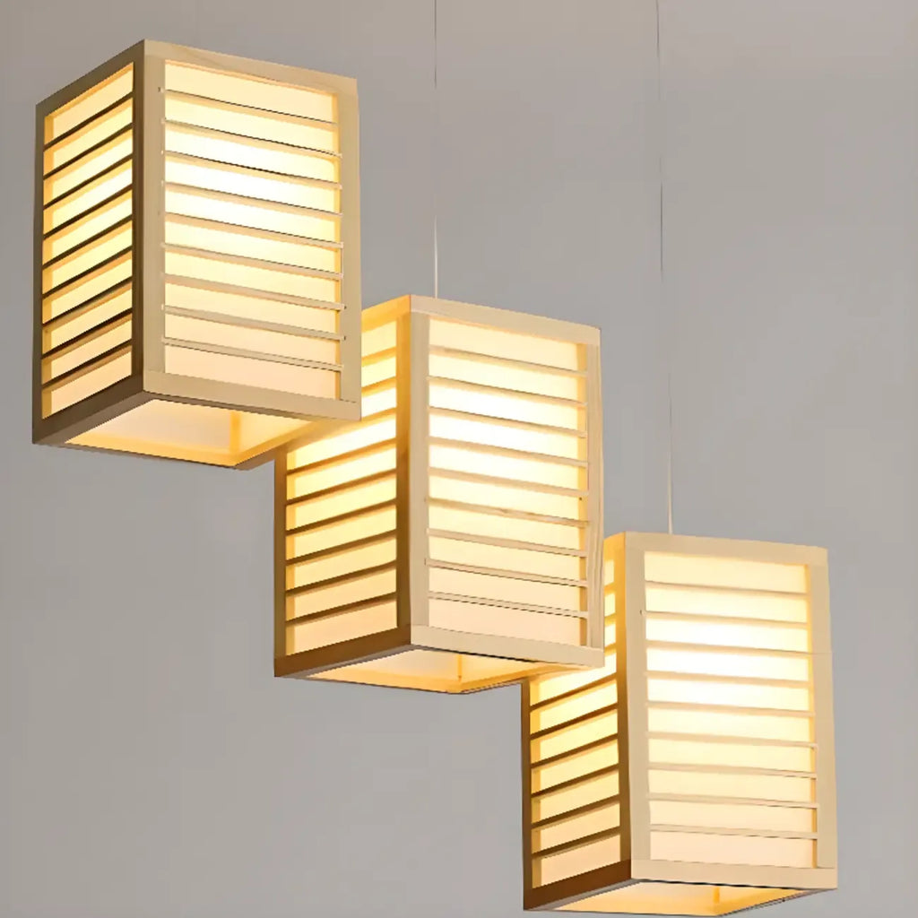 Lampadario a sospensione da isola a 3 luci in legno naturale di forma rettangolare