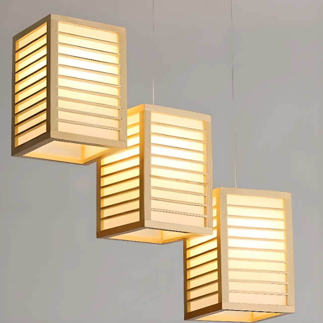 Lampadario a sospensione da isola a 3 luci in legno naturale di forma rettangolare