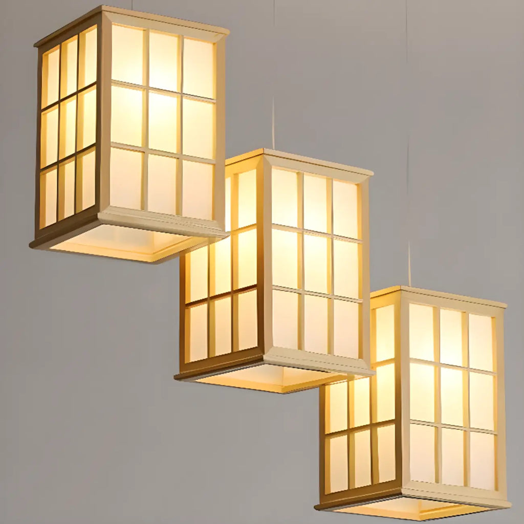 Lampadario a sospensione da isola a 3 luci in legno naturale di forma rettangolare