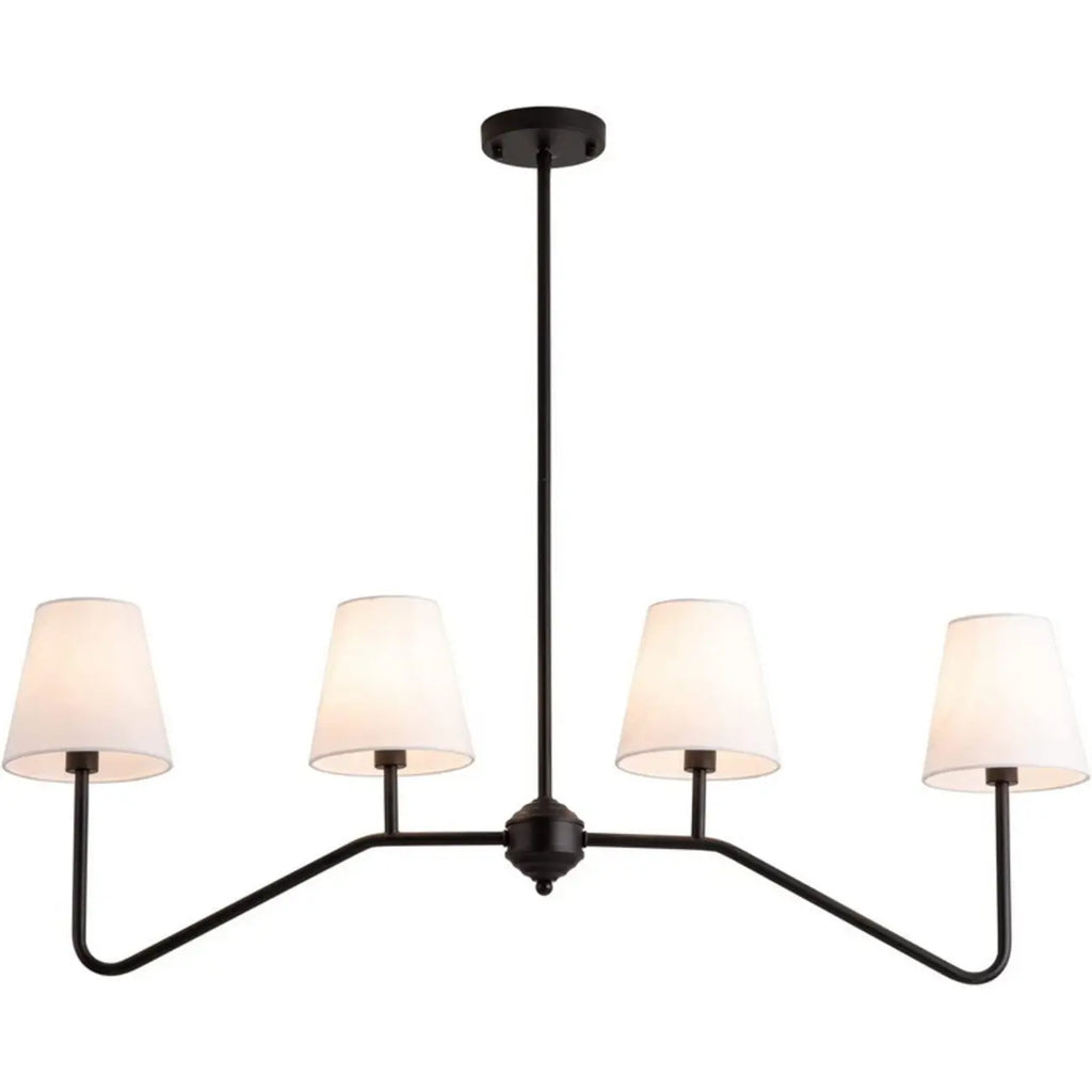 Suspension îlot en métal noir avec 4 lumières et habillage cylindrique en tissu