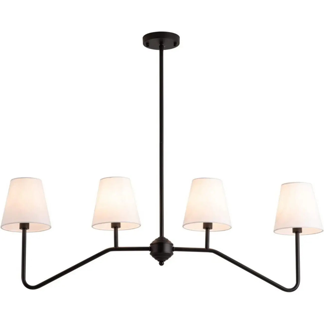 Suspension îlot en métal noir avec 4 lumières et habillage cylindrique en tissu