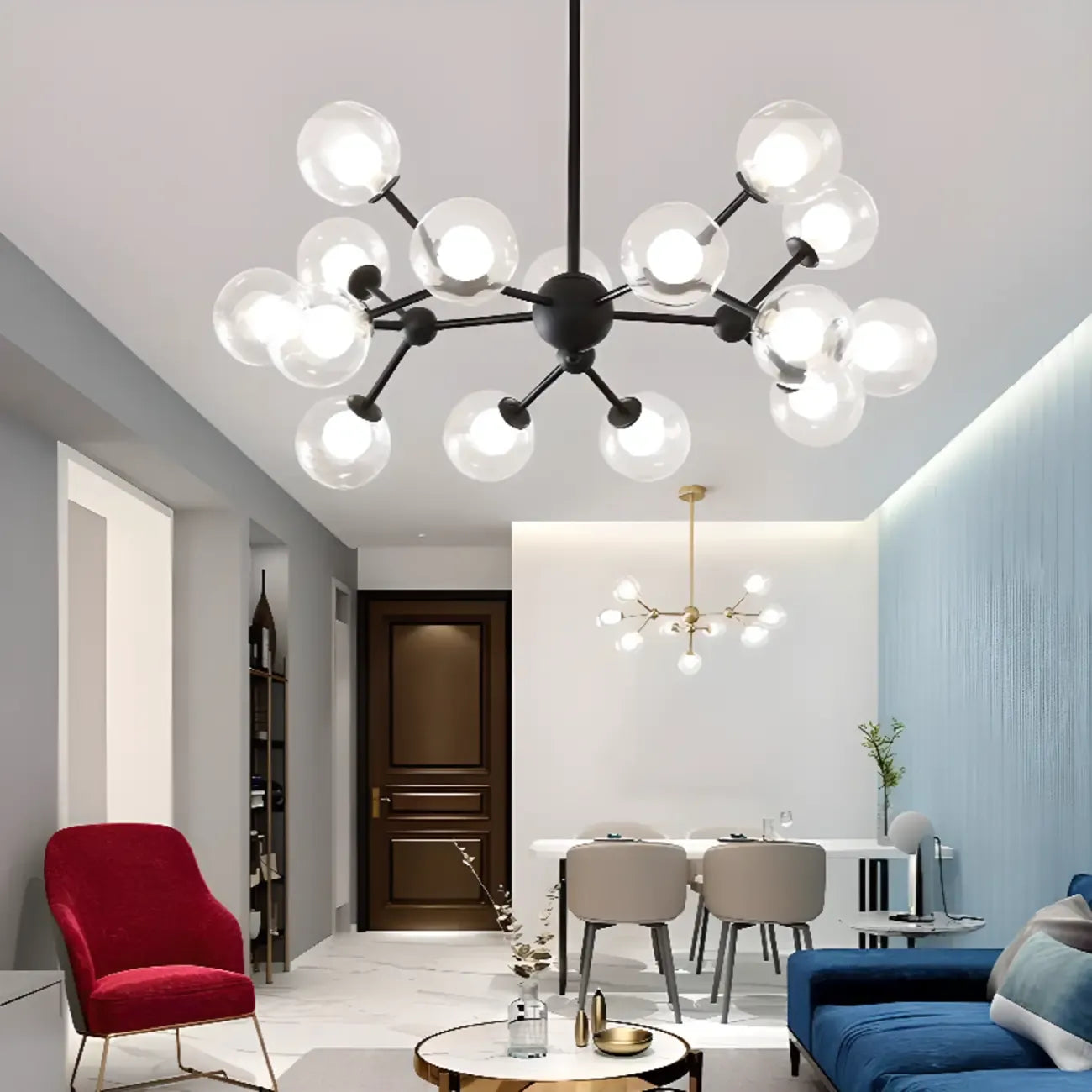 Lustre moderne à globes en verre et LED, inspiré du design Spoutnik