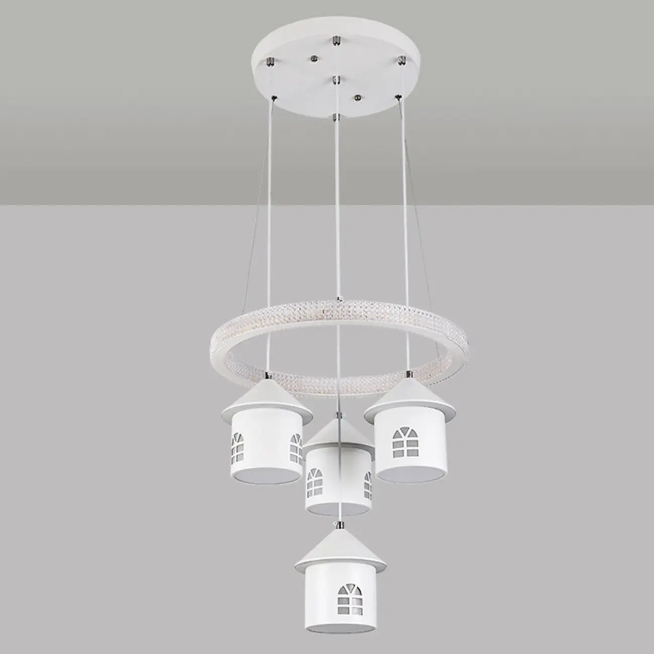Lustre moderne à 4 lumières LED au design unique.