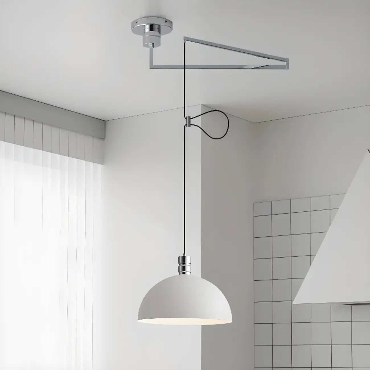 Suspension minimaliste blanche en demi-bol et cordon métallique réglable
