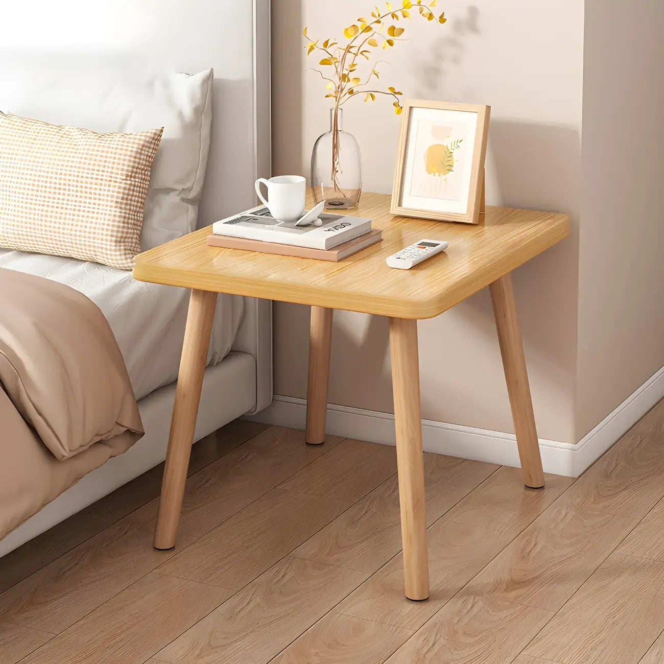 Table de chevet ronde contemporaine en bois avec étagère