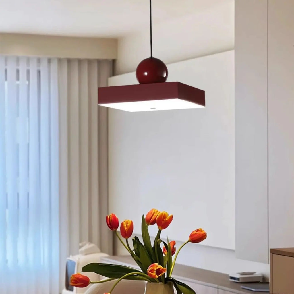 Suspension LED rectangulaire bordeaux moderne pour salon