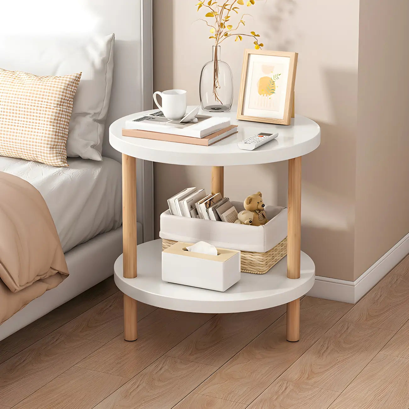 Table de chevet ronde contemporaine en bois avec étagère