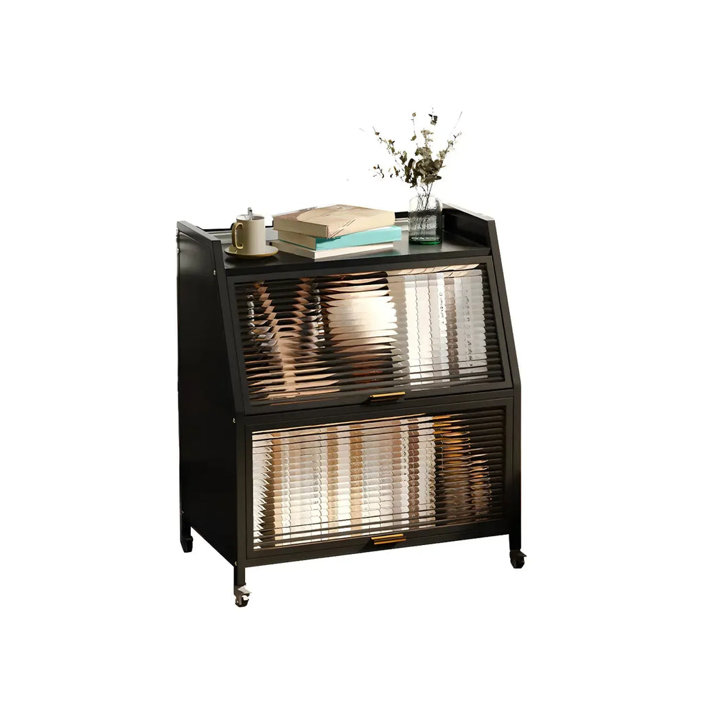 Table de chevet moderne en métal noir avec portes en verre transparent