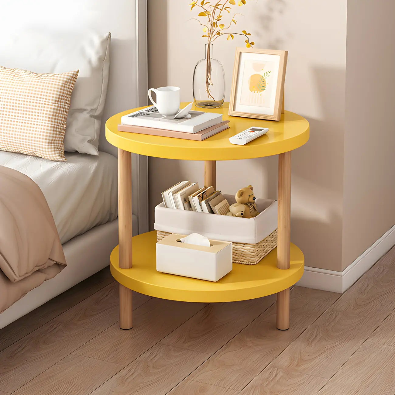 Table de chevet ronde contemporaine en bois avec étagère