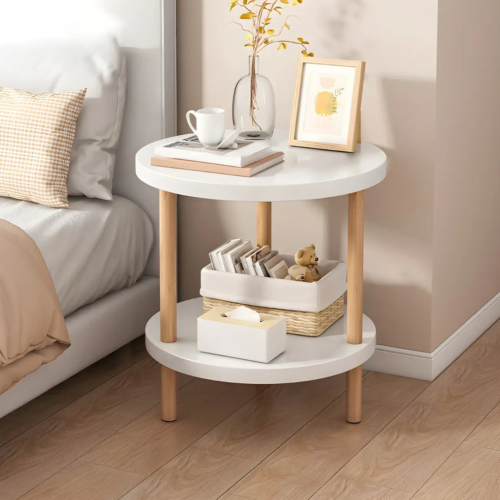 Table de chevet ronde contemporaine en bois avec étagère