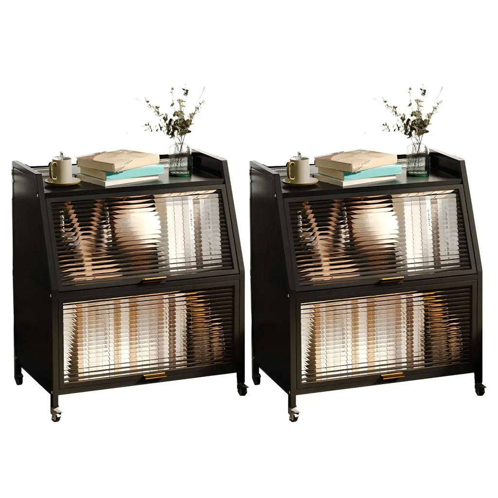 Table de chevet moderne en métal noir avec portes en verre transparent