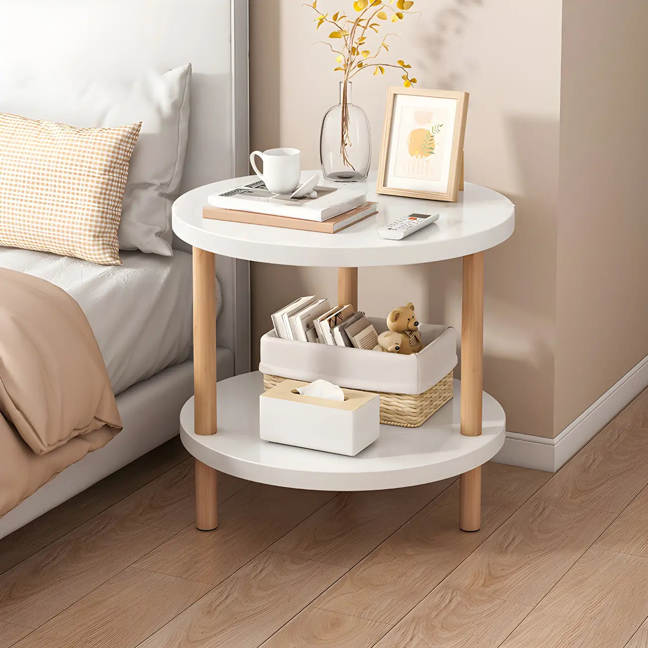 Table de chevet ronde contemporaine en bois avec étagère