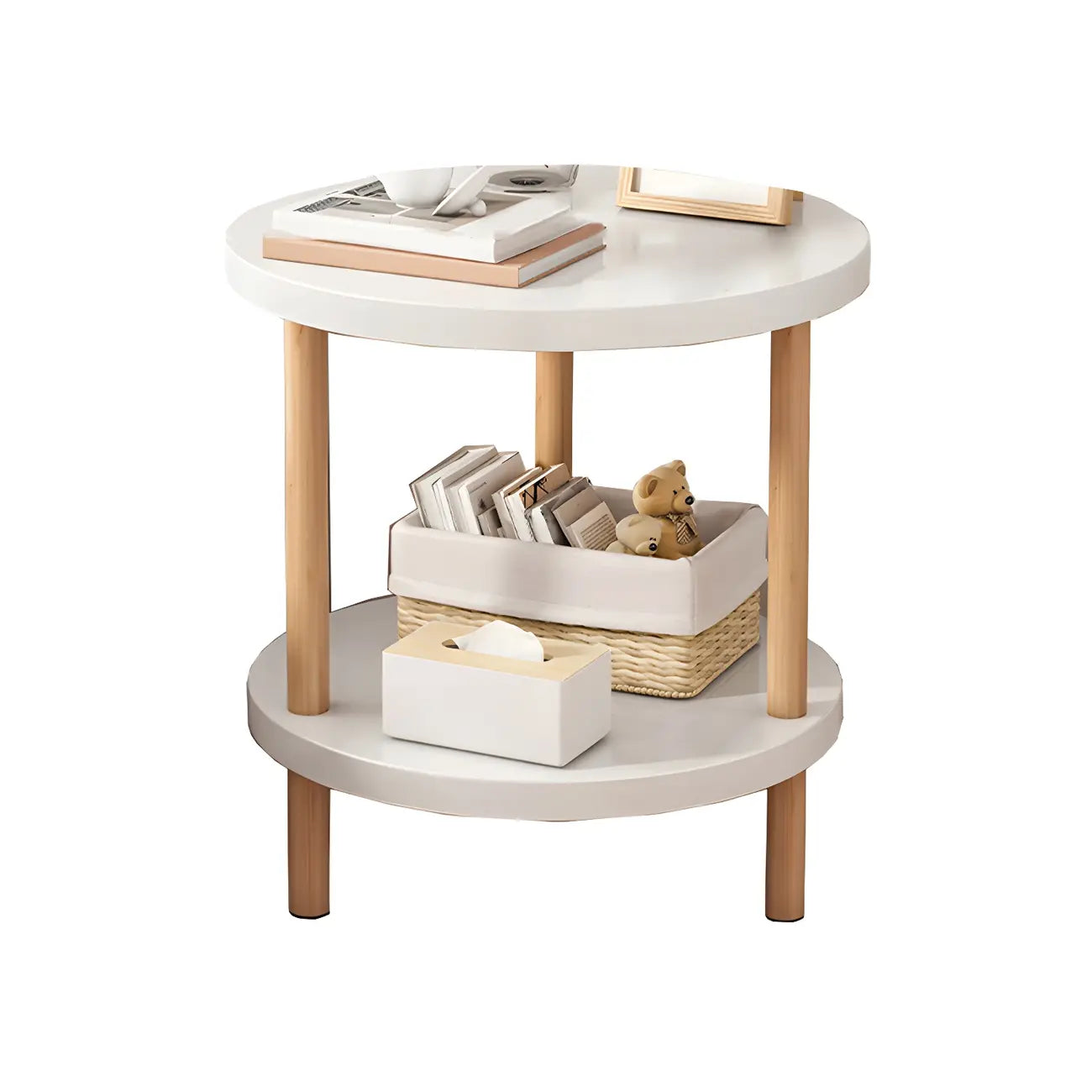 Table de chevet ronde contemporaine en bois avec étagère