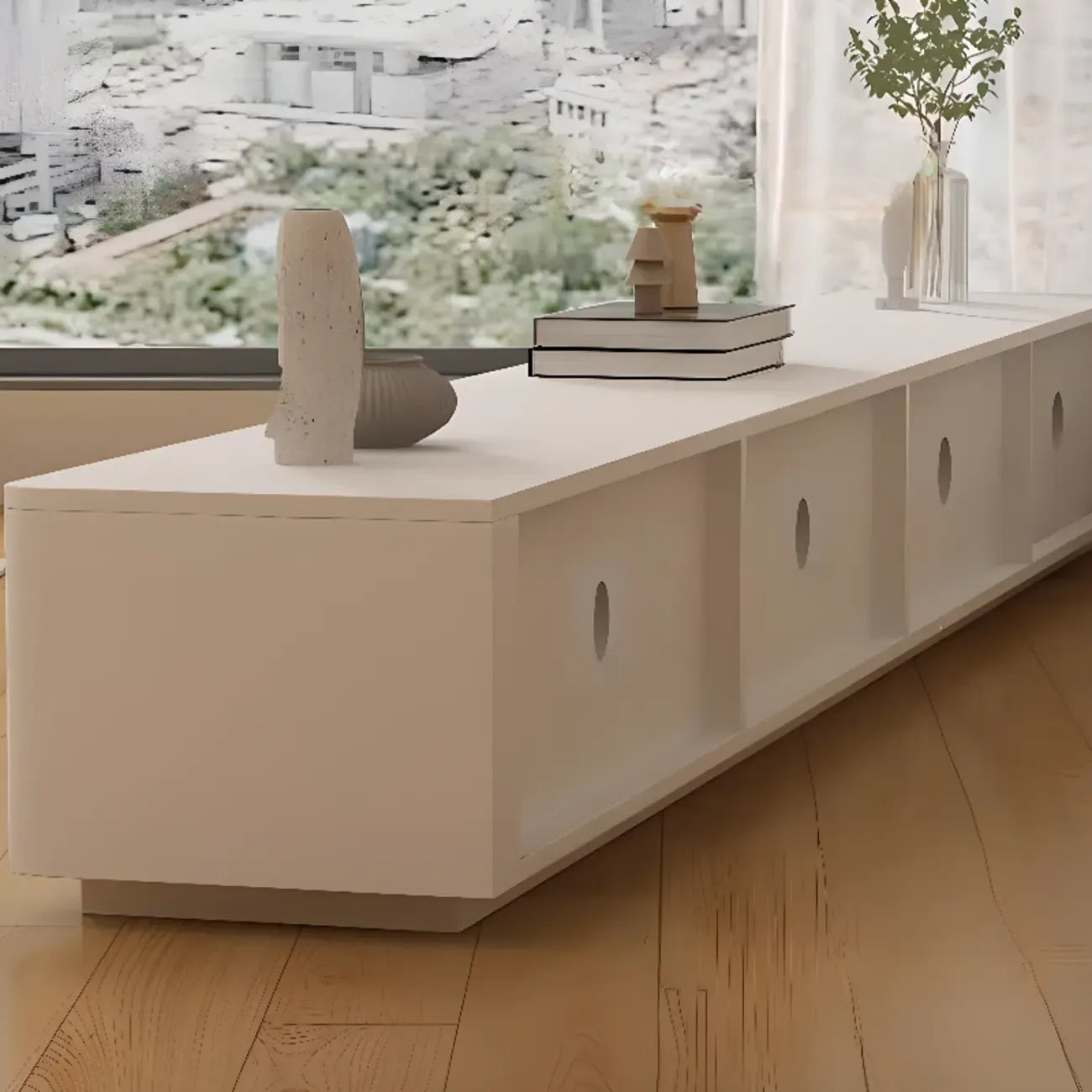 Meuble TV minimaliste en bois blanc avec gestion des câbles