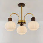 Lustre en verre blanc avec arche dorée, accents de bois et sphère en verre blanc