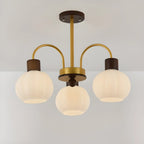 Lustre en verre blanc avec arche dorée, accents de bois et sphère en verre blanc