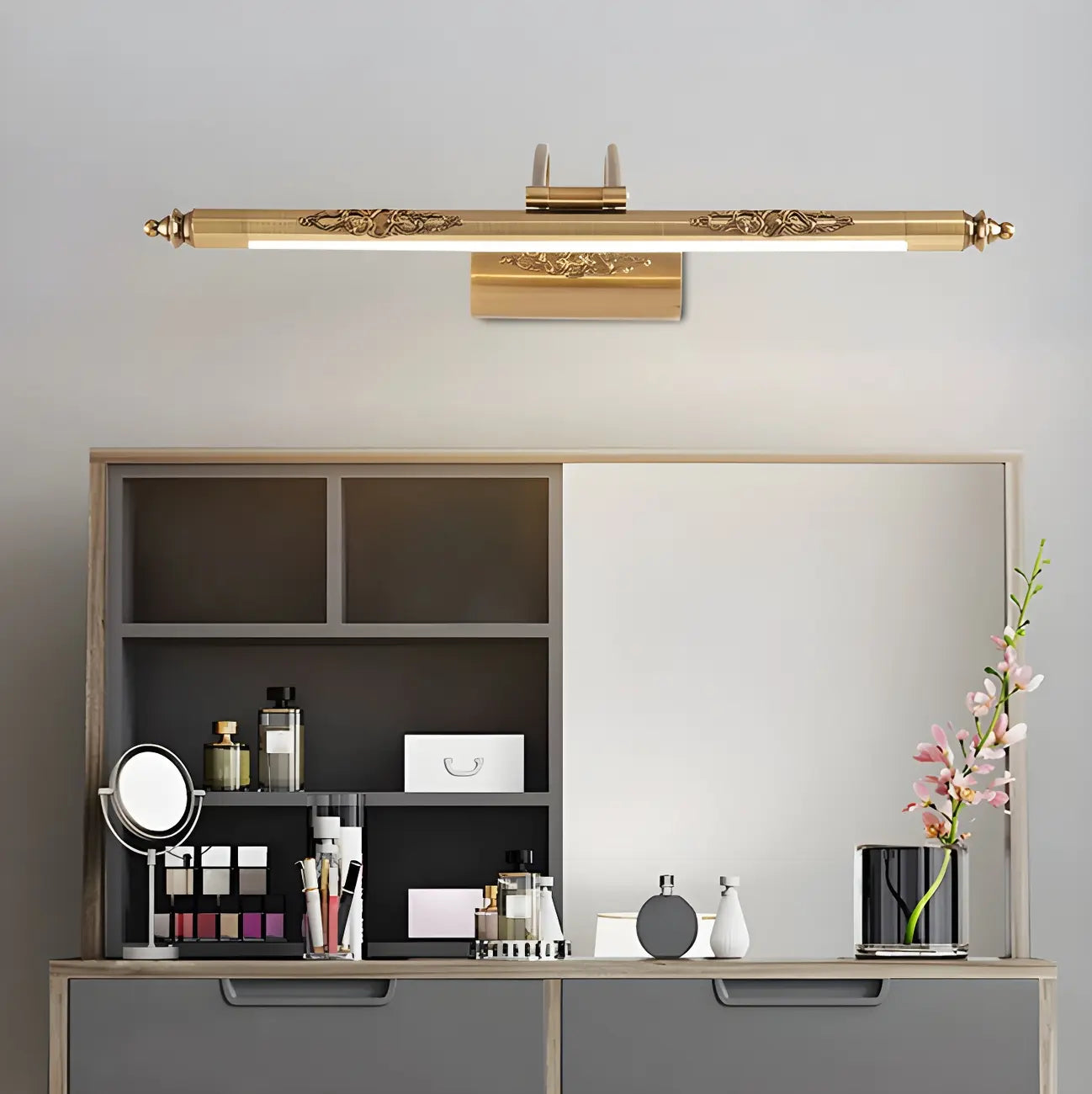 Miroir de salle de bain géométrique doré à LED avec éclairage LED intégré