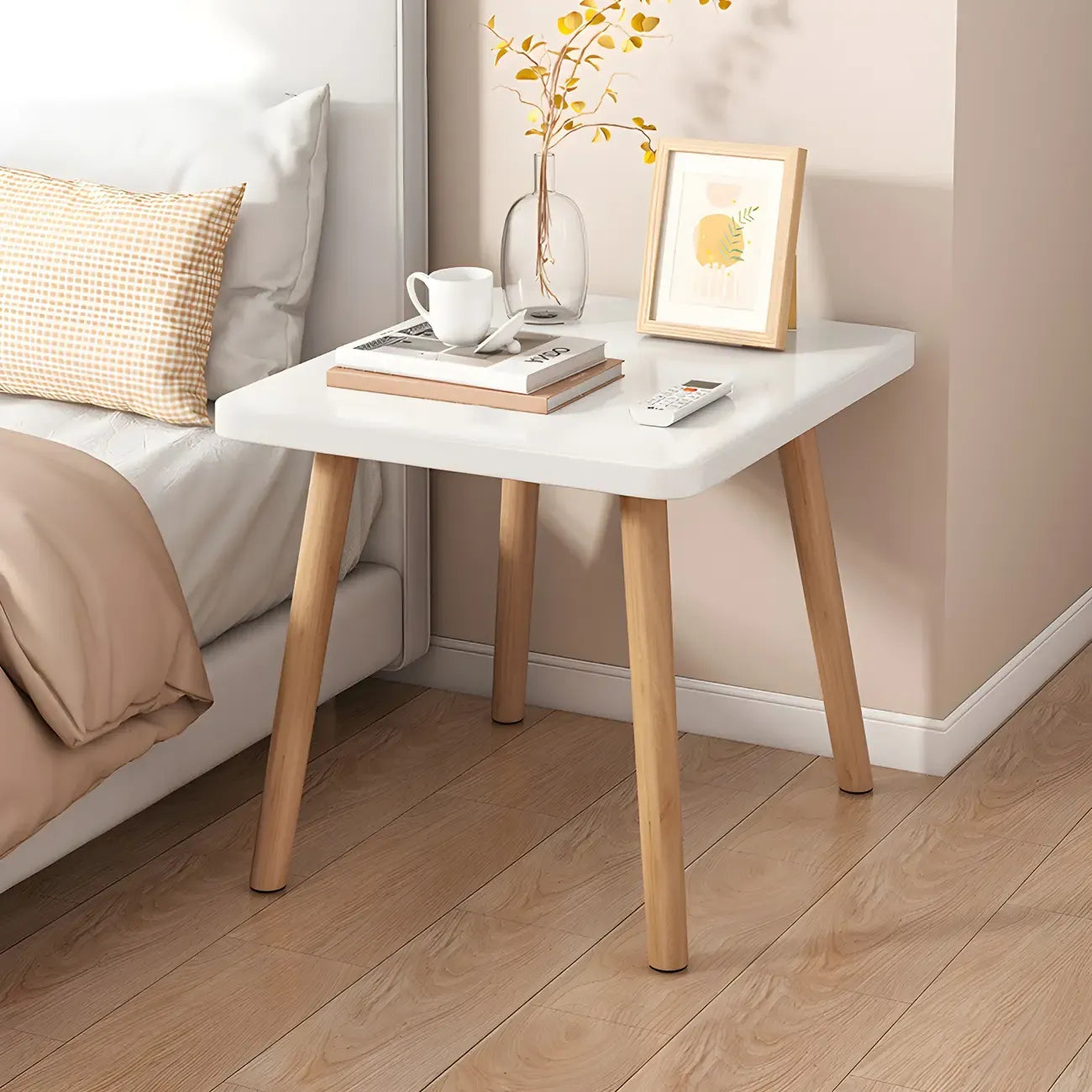 Table de chevet ronde contemporaine en bois avec étagère