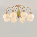 Lustre en verre blanc avec arche dorée, accents de bois et sphère en verre blanc