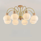 Lustre en verre blanc avec arche dorée, accents de bois et sphère en verre blanc
