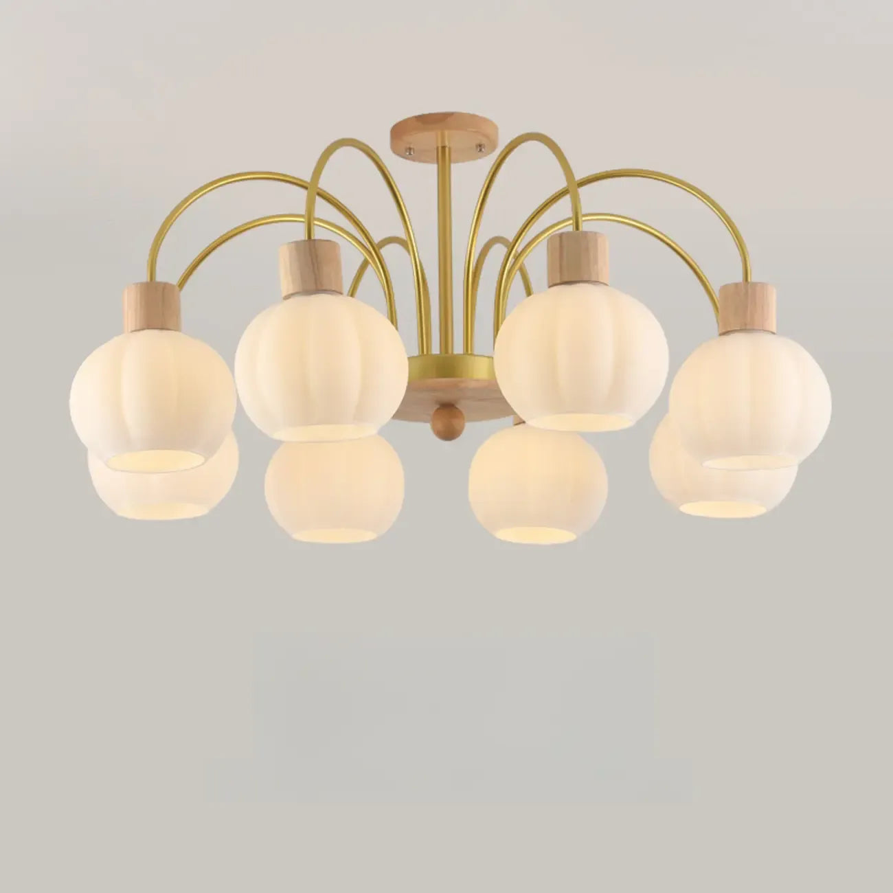 Lustre en verre blanc avec arche dorée, accents de bois et sphère en verre blanc