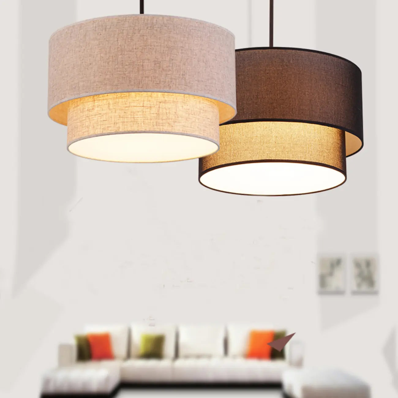Lustre tambour moderne à 2 niveaux en tissu pour salon