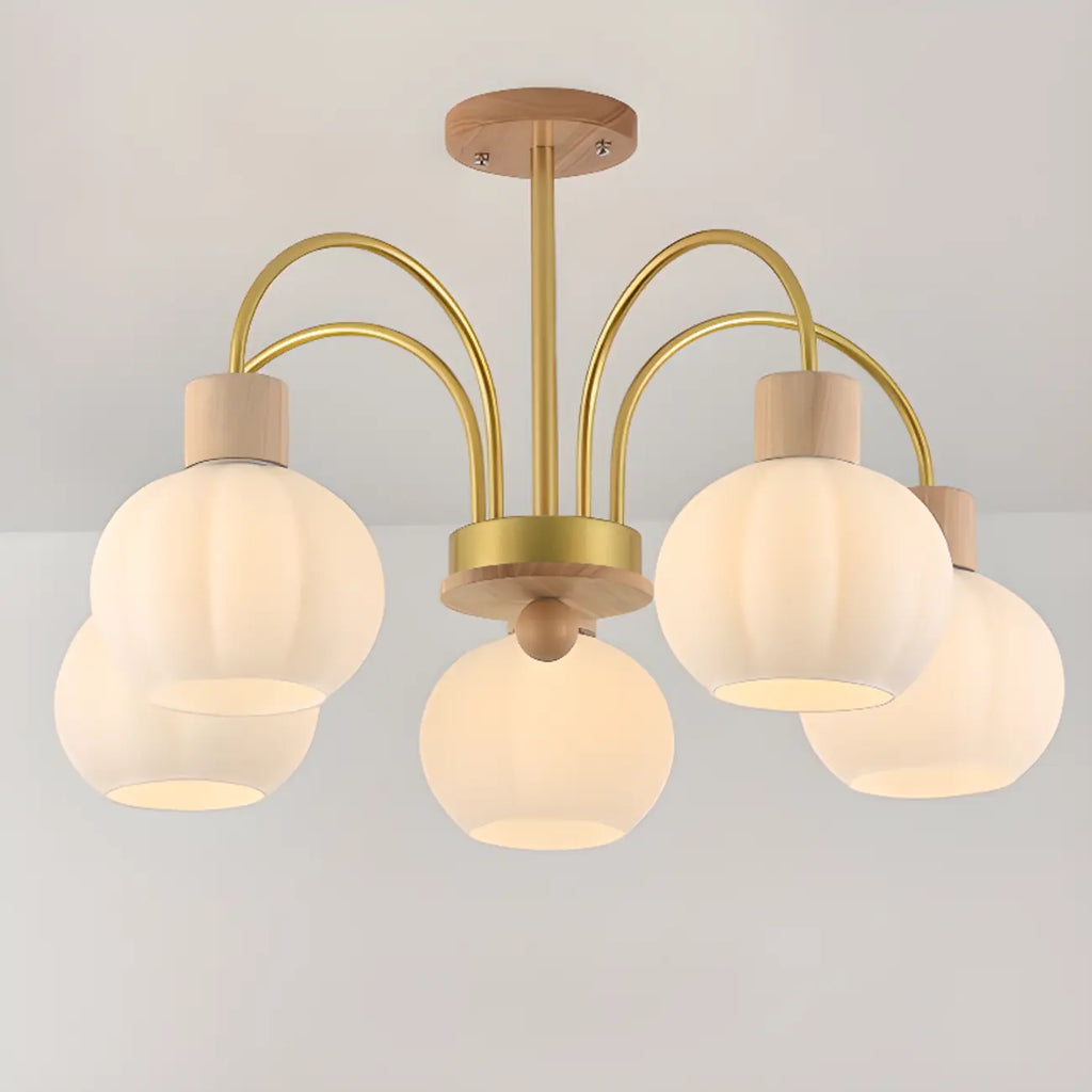 Lustre en verre blanc avec arche dorée, accents de bois et sphère en verre blanc