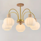 Lustre en verre blanc avec arche dorée, accents de bois et sphère en verre blanc