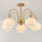 Lustre en verre blanc avec arche dorée, accents de bois et sphère en verre blanc