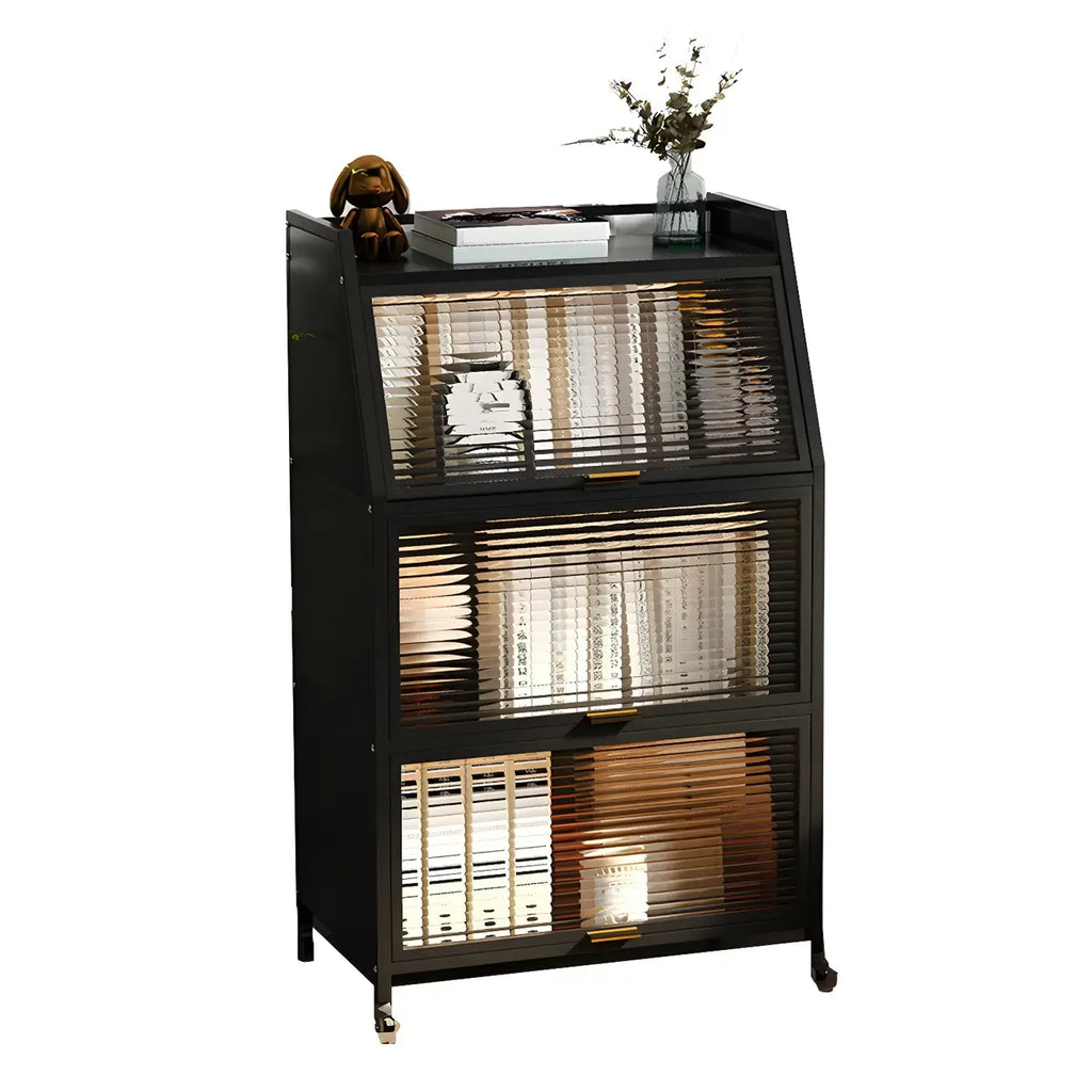 Table de chevet moderne en métal noir avec portes en verre transparent