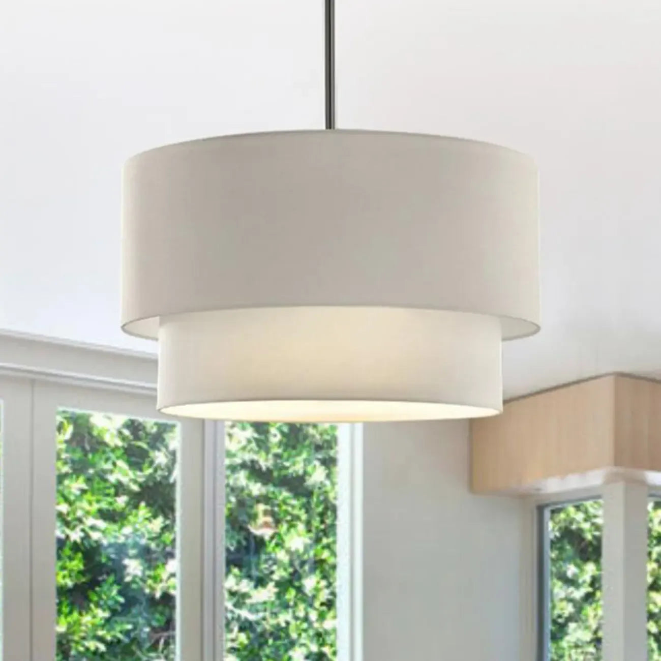 Lustre tambour moderne à 2 niveaux en tissu pour salon