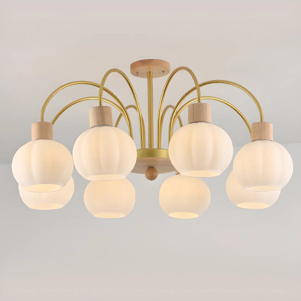 Lustre en verre blanc avec arche dorée, accents de bois et sphère en verre blanc