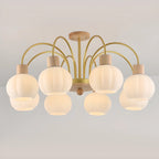 Lustre en verre blanc avec arche dorée, accents de bois et sphère en verre blanc