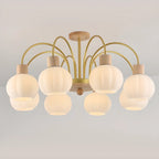 Lustre en verre blanc avec arche dorée, accents de bois et sphère en verre blanc