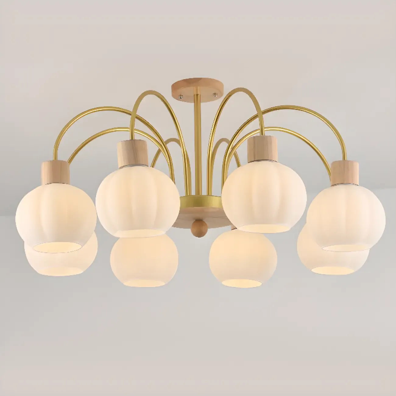 Lustre en verre blanc avec arche dorée, accents de bois et sphère en verre blanc