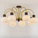 Lustre en verre blanc avec arche dorée, accents de bois et sphère en verre blanc