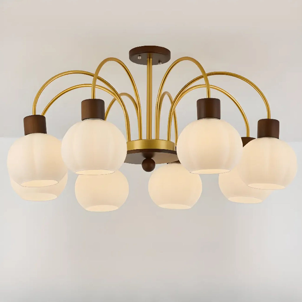Lustre en verre blanc avec arche dorée, accents de bois et sphère en verre blanc