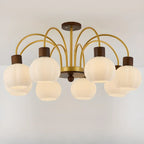 Lustre en verre blanc avec arche dorée, accents de bois et sphère en verre blanc