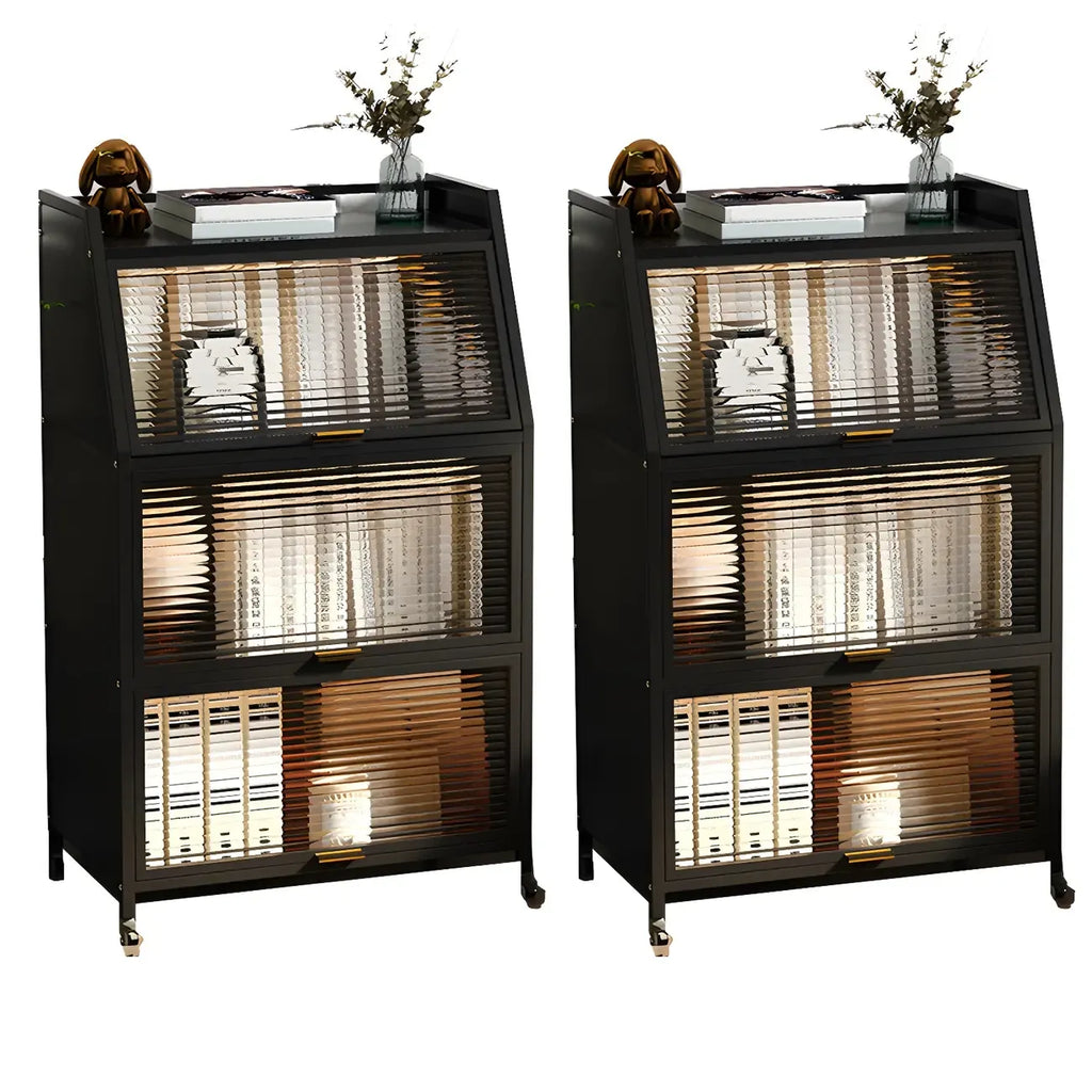 Table de chevet moderne en métal noir avec portes en verre transparent