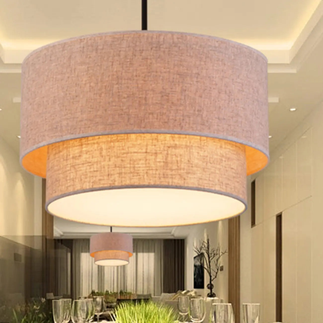 Lustre tambour moderne à 2 niveaux en tissu pour salon