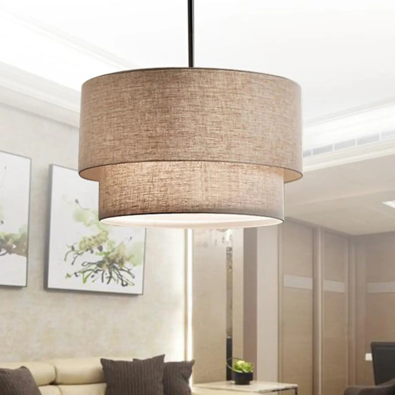 Lustre tambour moderne à 2 niveaux en tissu pour salon