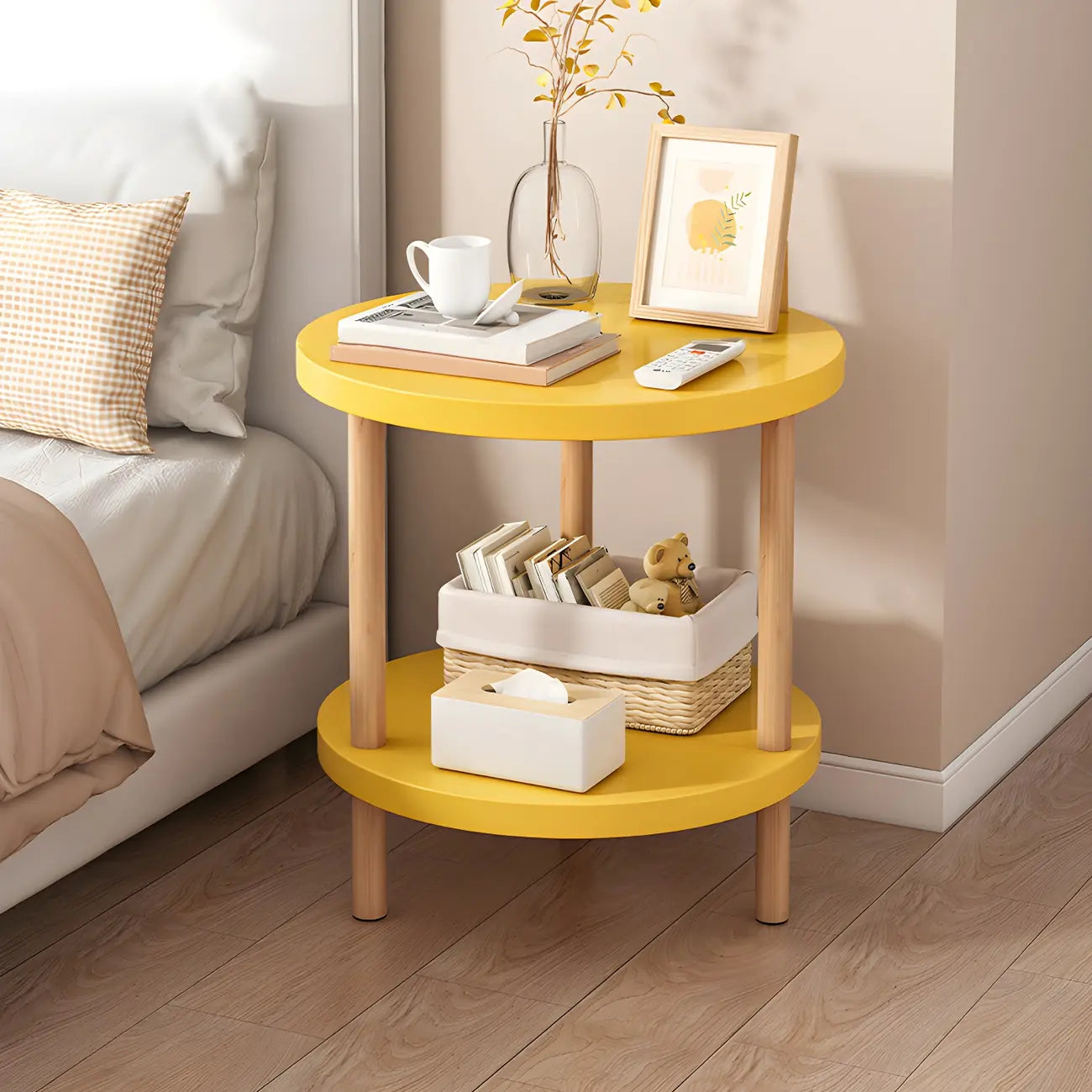 Table de chevet ronde contemporaine en bois avec étagère