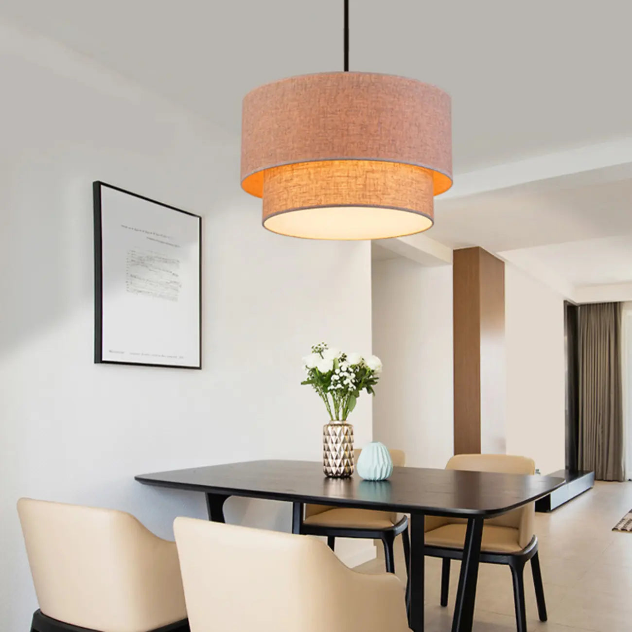Lustre tambour moderne à 2 niveaux en tissu pour salon