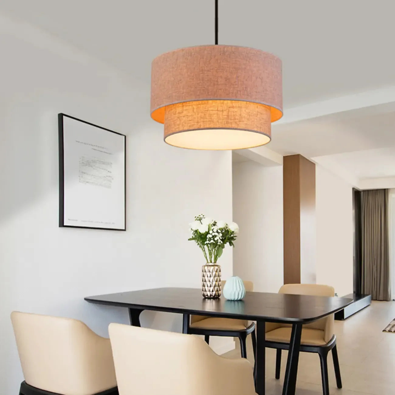 Lustre tambour moderne à 2 niveaux en tissu pour salon