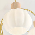Lustre en verre blanc avec arche dorée, accents de bois et sphère en verre blanc