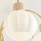 Lustre en verre blanc avec arche dorée, accents de bois et sphère en verre blanc