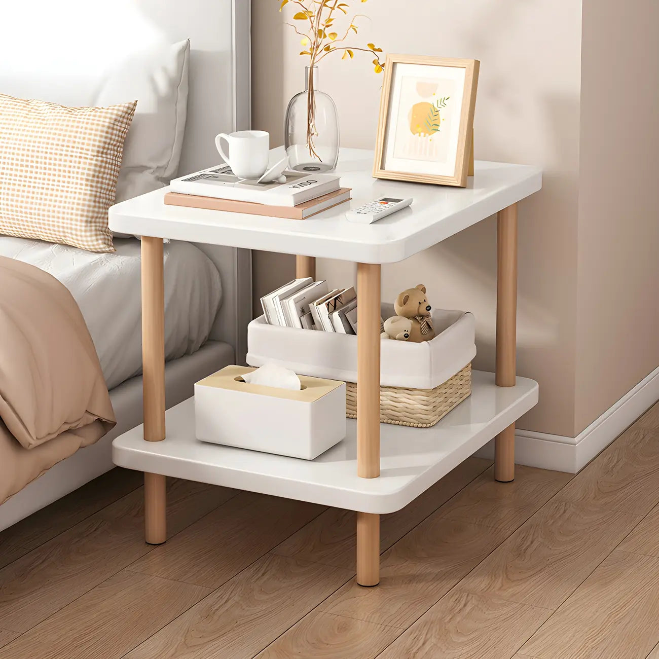 Table de chevet ronde contemporaine en bois avec étagère