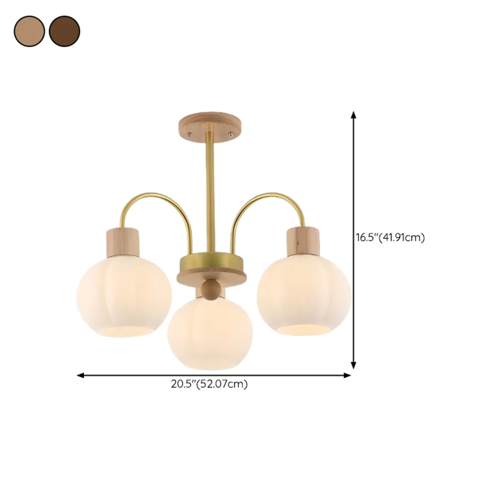 Lustre en verre blanc avec arche dorée, accents de bois et sphère en verre blanc